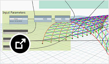 Modelo 3D de una estructura curva solapado por el panel de Dynamo en Revit