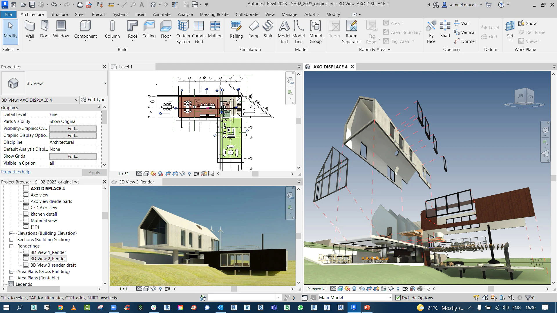 Vistas de una casa moderna en la interfaz de usuario de Revit